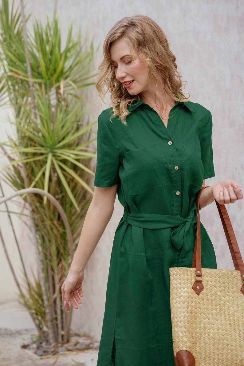 Linen Shirt Dress, Linen Dress with belt, Premium Linen Clothing for Women Green