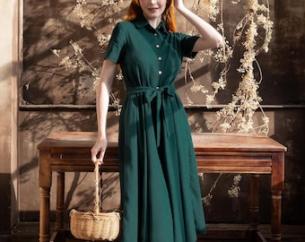 Linen Shirt Collar Dress MAGNOLIA, Short Sleeve Shirt Dress with belt, Midi Length Shirt Dress, Premium Linen Clothing for Women Linen Shirt Collar Dress MAGNOLIA, Short Sleeve Shirt Dress with belt, Midi Length Shirt Dress, Premium Linen Clothing for Women