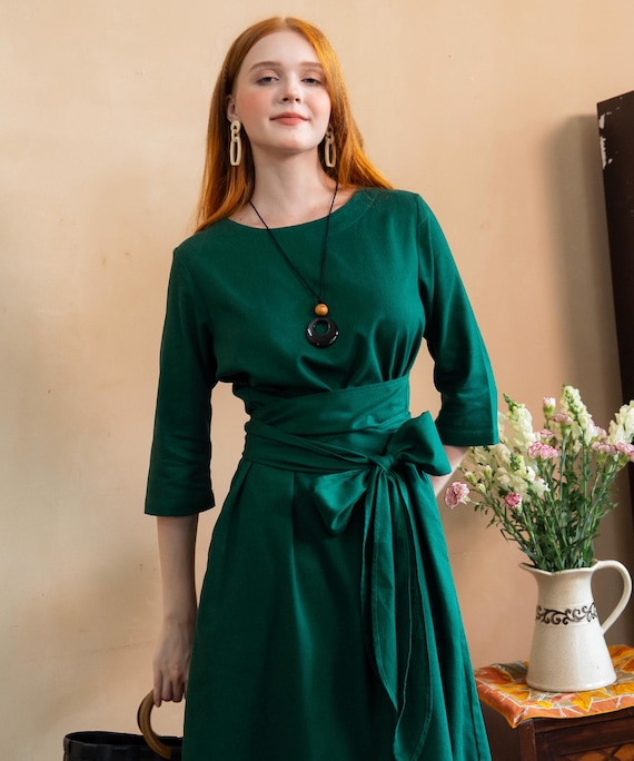 Linen Dress Knee length with Belt PEONY, Long Sleeves Linen Belt Dress, Linen Waist Belt Dress, Premium Linen Clothing for Women