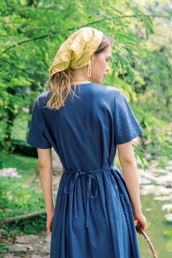 Short Sleeves Linen Dress Jasmine, V Neck Button Loose Fit Linen