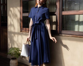 Linen Shirt Collar Dress MAGNOLIA, Short Sleeve Shirt Dress with belt, Midi Length Shirt Dress, Premium Linen Clothing for Women