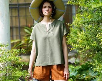 Linen Round Split Neckline Blouse LILLIAN, Linen Cap Sleeve Top, Short Sleeve Linen Top, Simple Linen Blouse, Linen Clothing for Women