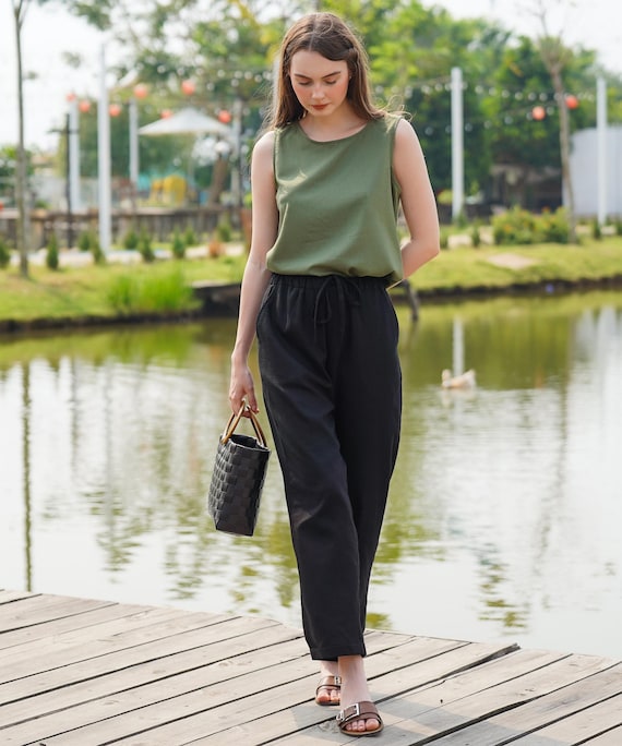 LINEN LONG PANTS, Elastic Waist Pants, Women Pants, Relaxed Fit Linen Pants - Linen Clothing for Women