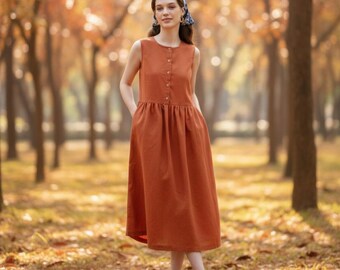 Linen Maxi Dress | Sleeveless Summer Clothing, Button Detail
