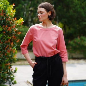 Linen Boat-Neck Blouse - Elbow Length Sleeves Top - Loose Women Linen Blouse - Linen Clothing for Women