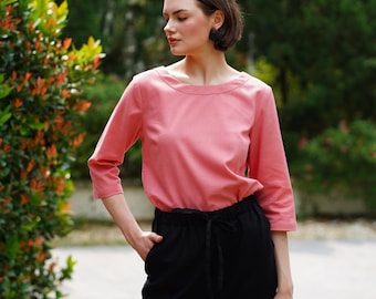 Linen Boat-Neck Blouse - Elbow Length Sleeves Top - Loose Women Linen Blouse - Linen Clothing for Women