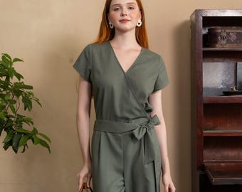 Wrap Jumpsuit, Linen Wrap Jumpsuit, Linen Jumpsuit with belt, Short sleeves linen jumpsuit, Premium Linen Clothing for Women