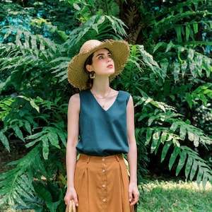 Linen V-neck Tank Top Sleeveless - Premium Linen Clothing for Women