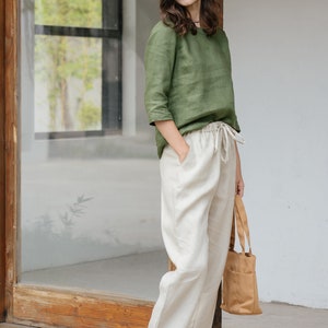 Linen Long Pants, Elastic Waist Pants Premium Linen Clothing for Women 画像 7