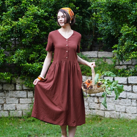 Linen Smock Dress With Buttons, V Neck Button Front Short Sleeves Linen Dress, Loose Fit Linen Dress, Ruffled Linen Sundress