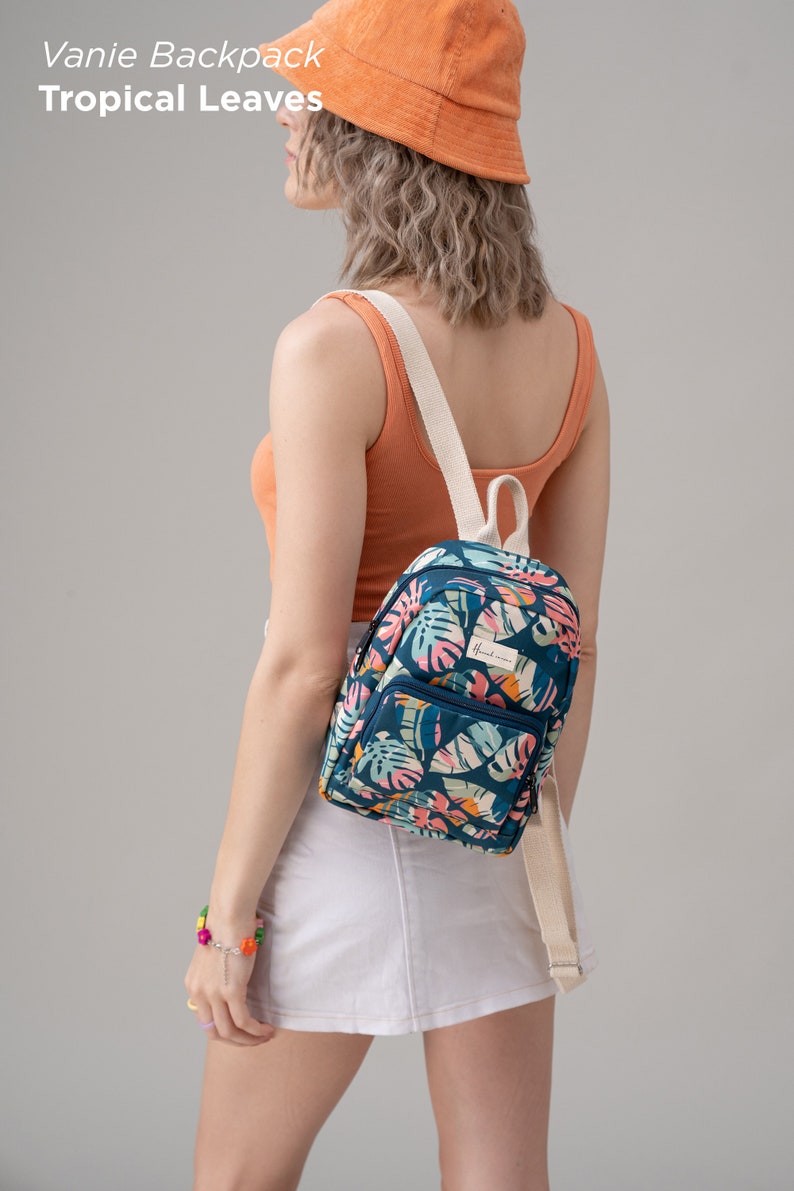 Vanie Canvas Backpack, Mini Backpack for Women, Teens gift, Birthday gift, Travel backpack, Weekend backpack, Gift for Her, Anniversary gift Tropical Leaves
