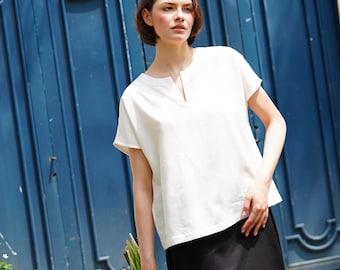 Round Split Neckline Linen Blouse LILLIAN, Linen Cap Sleeve Top, Short Sleeve Linen Top, Simple Linen Blouse, Linen Clothing for Women