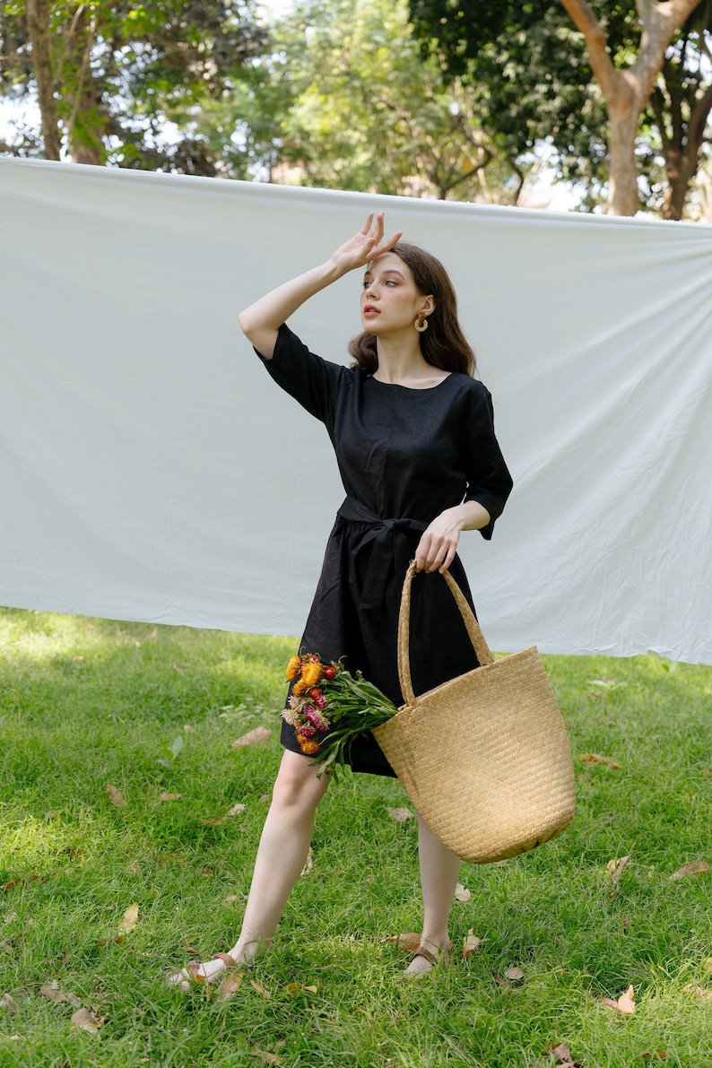 Linen Flare Dress Boat-neckline, Linen Dress with belt, Premium Linen Clothing for Women Black