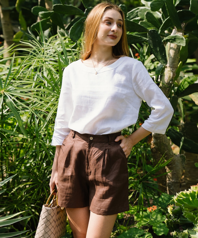 Linen High Waist Shorts Linen Clothing for Women Premium Natural Fabrics Choco