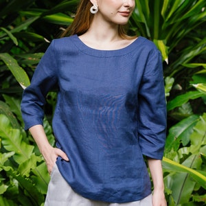 Linen Top Boat Neck And Elbow Length Sleeves Premium Linen Clothing for Women Navy