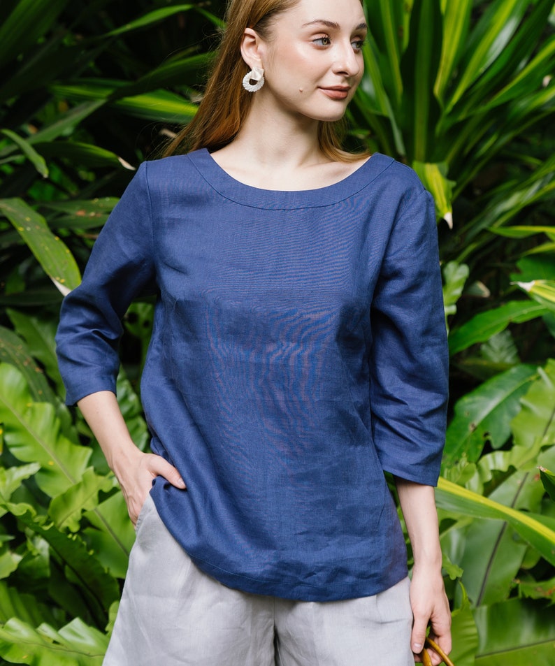 Linen Top Boat Neck And Elbow Length Sleeves Premium Linen Clothing for Women Navy