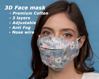 3D Face Mask | 3-Layers | Nose wire | Anti Fog Mask for Glasses | Premium Cotton Fabric