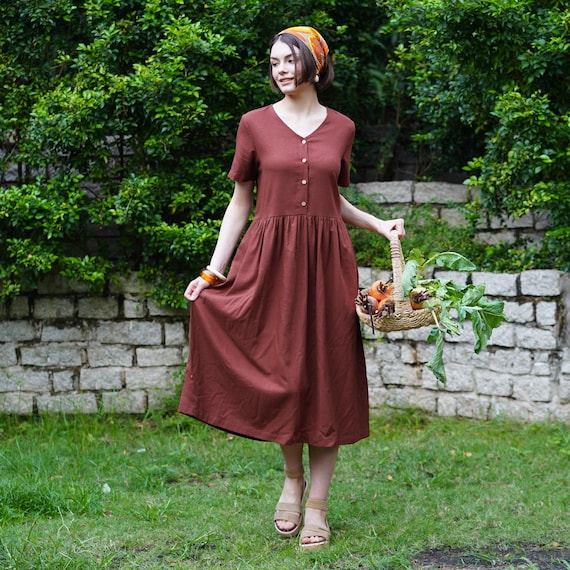 Linen Smock Dress With Buttons, V Neck Button Front Short Sleeves Linen Dress, Loose Fit Linen Dress, Ruffled Linen Sundress