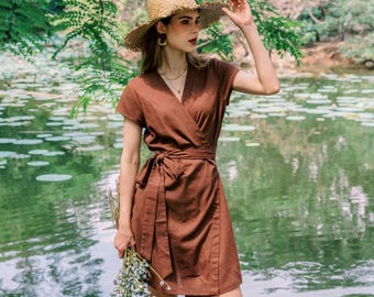 Wrap Linen Dress With Belt, Linen Dress With Ties, Premium Linen Clothing for Women