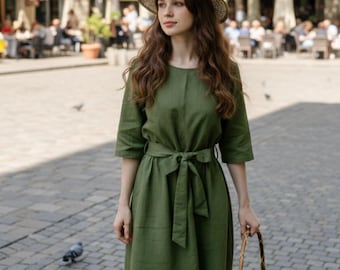 Linen Flare Dress, Boat-Neckline, Belted, Kimono Sleeve, Knee-Length, Pockets