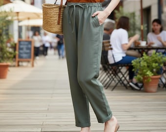 Linen Pants, Elastic Waist, Drawstring Closure, Side Pockets