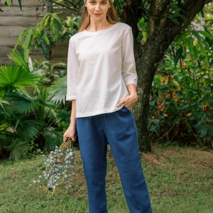 Linen Long Pants, Elastic Waist Pants Premium Linen Clothing for Women Navy