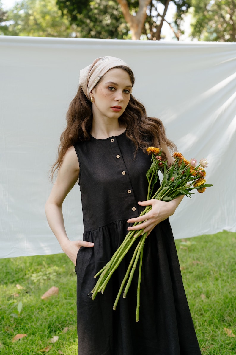 Linen loose sleeveless dress in MAXI length Loose linen sleeveless summer dress Premium Linen Clothing for Women Black
