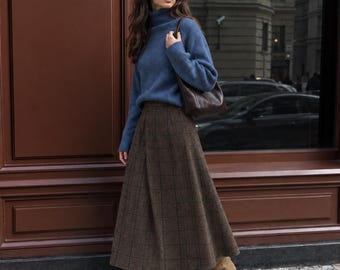 Brown Plaid Wool Midi Skirt, High Waisted A Line Skirt, Wool Blend Winter Skirt, Vintage Fall Skirt for Women