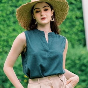Linen Tank Top Split Neckline, Premium Linen Clothing for Women