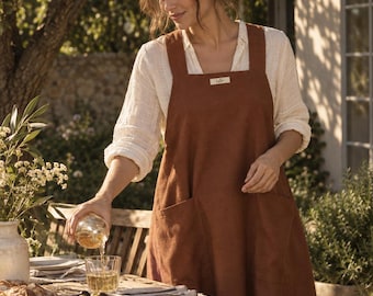 Reversible Linen Apron with Pockets, Double Layer Cross Back Apron, 2-Sided Color Block Kitchen Apron, Handmade Cooking & Gardening Apron