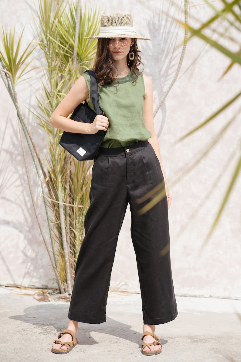 Linen Long Pants Wide Leg Pants Linen Clothing for Women Black