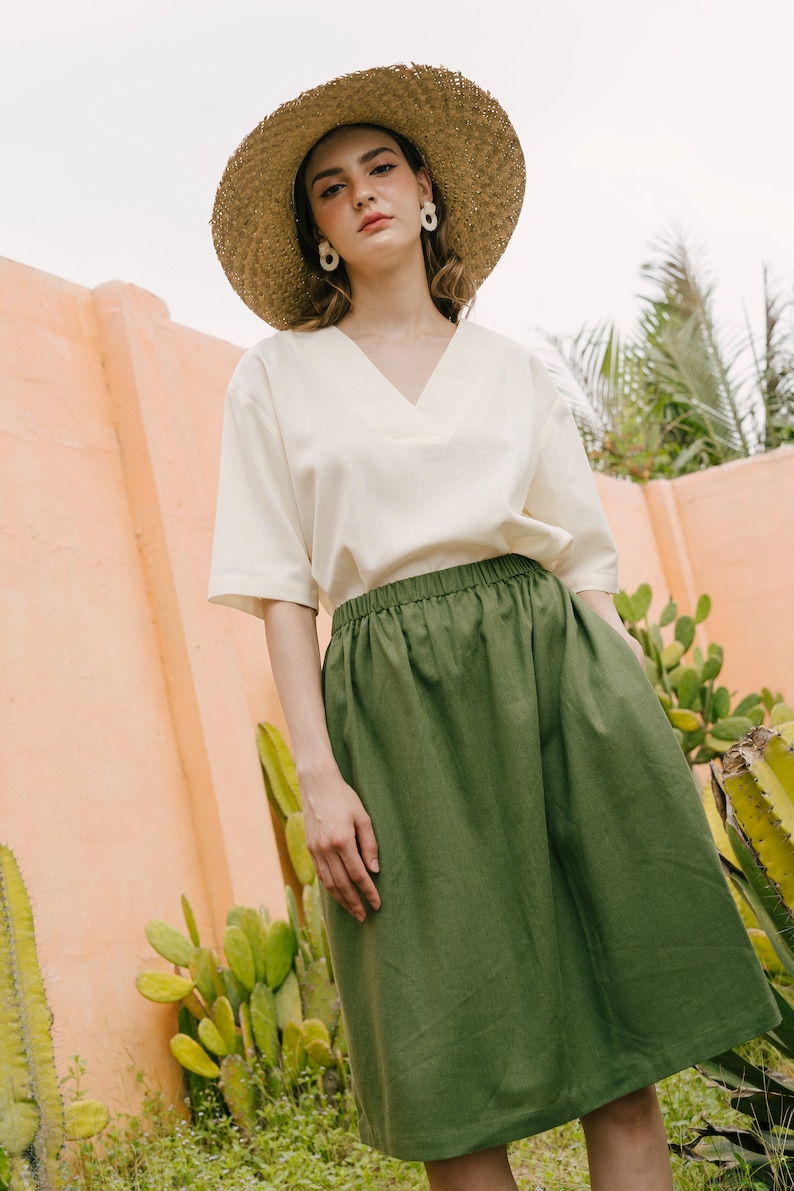 Linen Skirt, Midi Linen Skirt, High Waist Skirt, Premium Linen Clothing for Women Olive