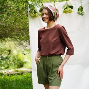 Linen Boat-Neck Blouse - Elbow Length Sleeves Top - Loose Women Linen Blouse - Linen Clothing for Women