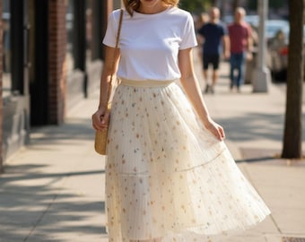SYLVIE Floral Pleated Maxi Skirt, High Waist Chiffon, Cottagecore Boho Summer Style