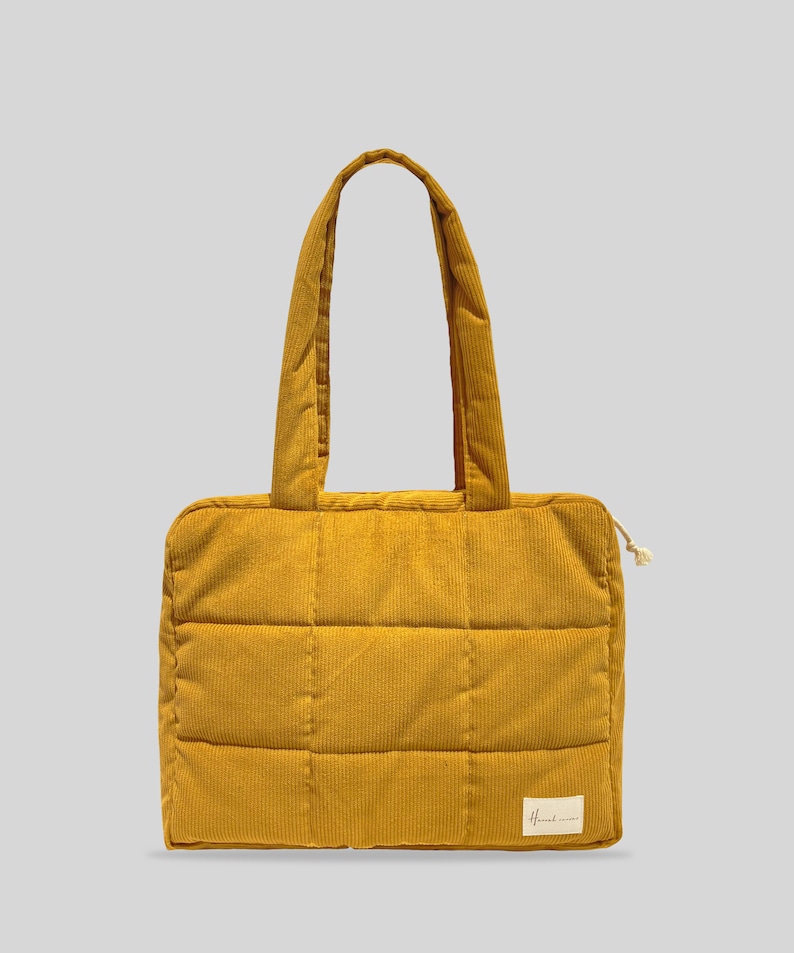 Quilted Tote Bag PILLOW, Woman Corduroy Tote Shoulder Bag with zipper, Work Bag, School Bag Yellow