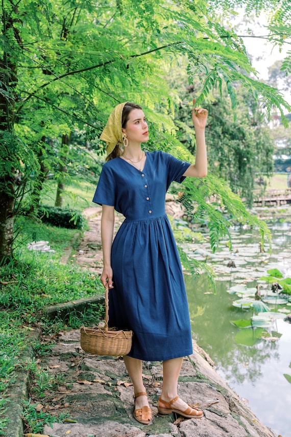 chinese dress ladies Green summer short sleeves Linen Dress 5199  Xiaolizi