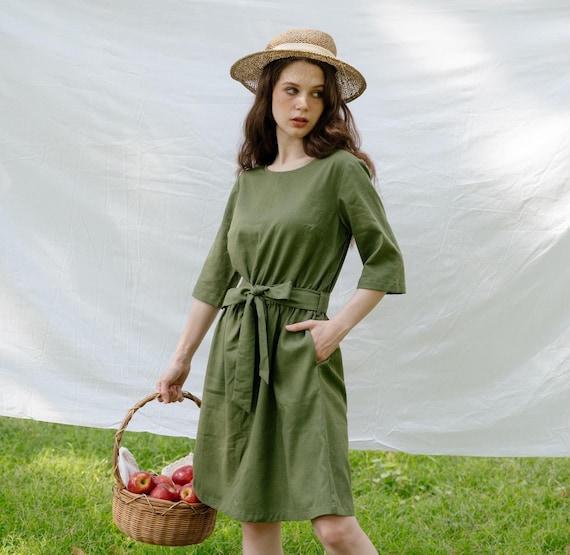slim fit dress slacks Linen Cotton GIrls Flare Dress – Peachy Bloomers main image 0