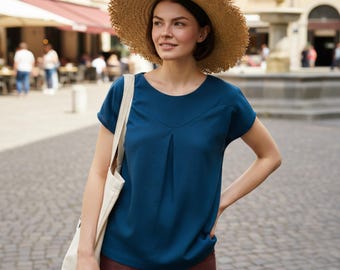 Elegant Linen Blouse ELARA with Curved Detailing, Short sleeves loose fit linen top, Breathable Linen Top, Cap sleeves Linen blouse
