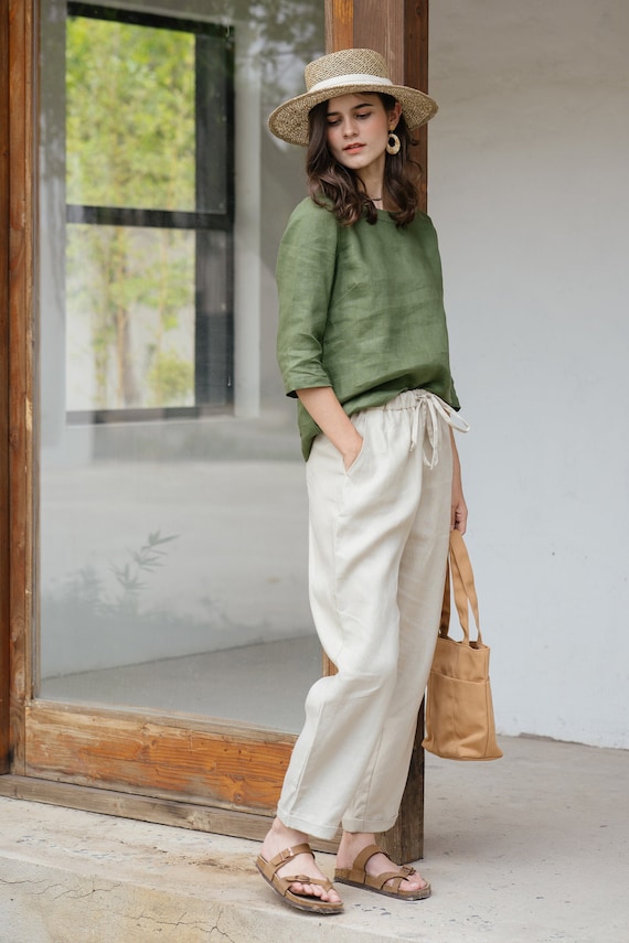 Linen Long Pants, Elastic Waist Pants Premium Linen Clothing for