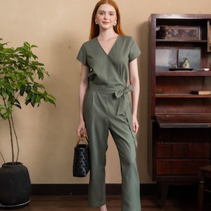 Wrap Jumpsuit, Linen Wrap Jumpsuit, Linen Jumpsuit with belt, Short sleeves linen jumpsuit, Premium Linen Clothing for Women