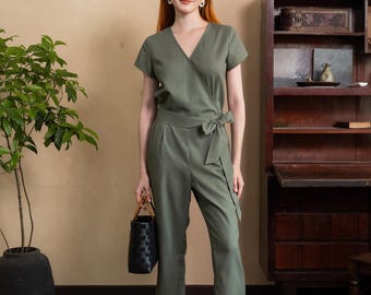 Wrap Jumpsuit, Linen Wrap Jumpsuit, Linen Jumpsuit with belt, Short sleeves linen jumpsuit, Premium Linen Clothing for Women