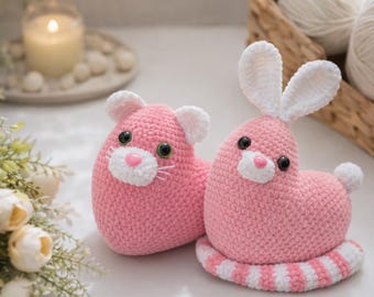 Crochet Heart Cat & Bunny Couple Set, Pink Amigurumi Plush Pair, Handmade Stuffed Animals, Valentine Gift, Anniversary Couple Gift