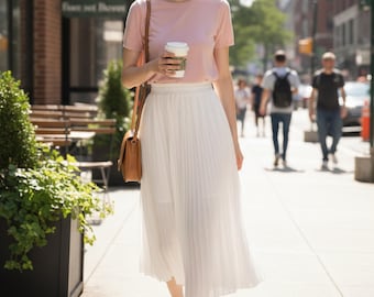 White Pleated Midi Skirt, High Waist A-Line, Elegant Chiffon, Minimalist Summer Style