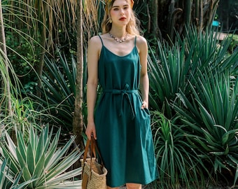 Linen CAMI Dress Lily, Linen Slip Dress, Linen Summer Dress with adjustable straps, Linen Summer Dress with belt, Hannah Canvas