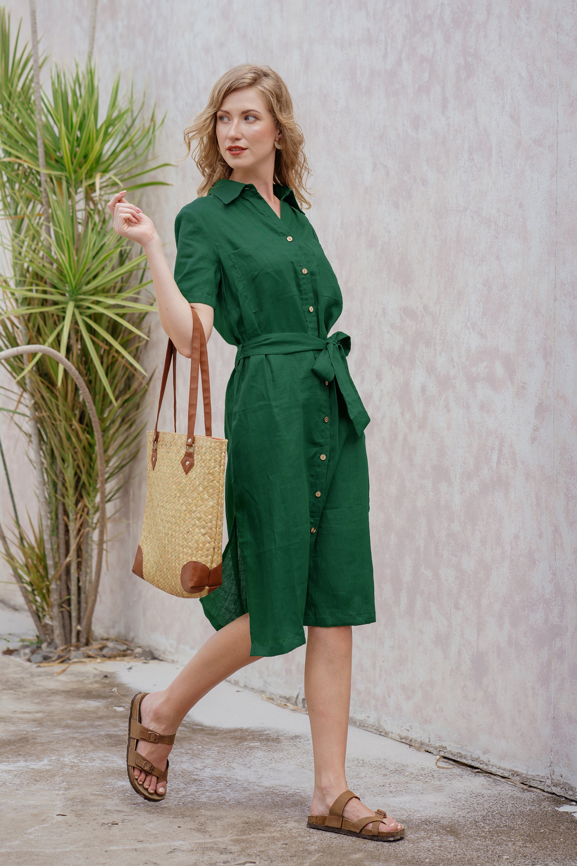 ★関税送料無料 Belted Linen A-Line Shirtdress Belted Linen A-Line Shirtdress