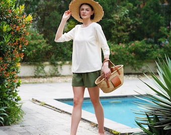 Linen Boat Neck Top – Elbow Sleeve, Women's Clothing