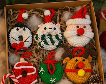 Handmade Crochet Christmas Donut Ornaments, Set of 6 Amigurumi Holiday Decor, Cute Penguin, Polar Bear, Santa, Reindeer, Tree Decorations