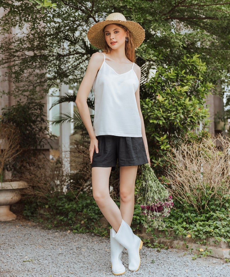 Linen Camisole V Neck Cami Top Premium Linen Clothing for Women White