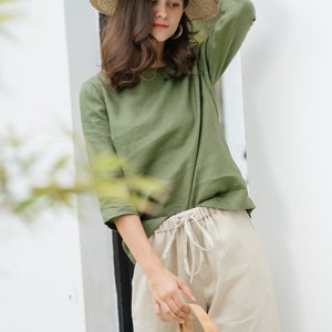 Linen Top Boat Neck And Elbow Length Sleeves Premium Linen Clothing for Women Green