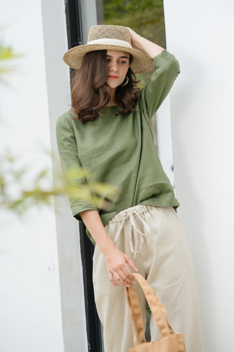 Linen Top Boat Neck And Elbow Length Sleeves Premium Linen Clothing for Women Green